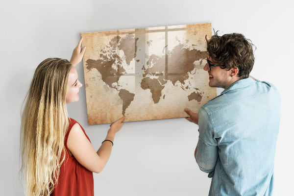 Pizarra borrable de cristal con imanes Mapa del mundo con ubicaciones de fotos