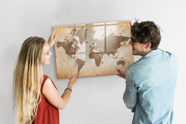 Pizarra borrable de cristal con imanes Mapa del mundo con ubicaciones de fotos