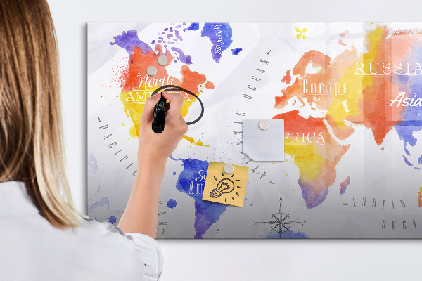 Pizarra magnética de pared con rotulador Mapa del mundo colorido con fotos