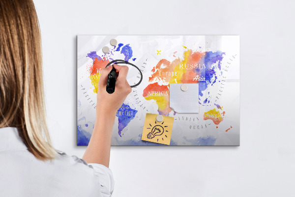 Pizarra magnética de pared con rotulador Mapa del mundo colorido con fotos