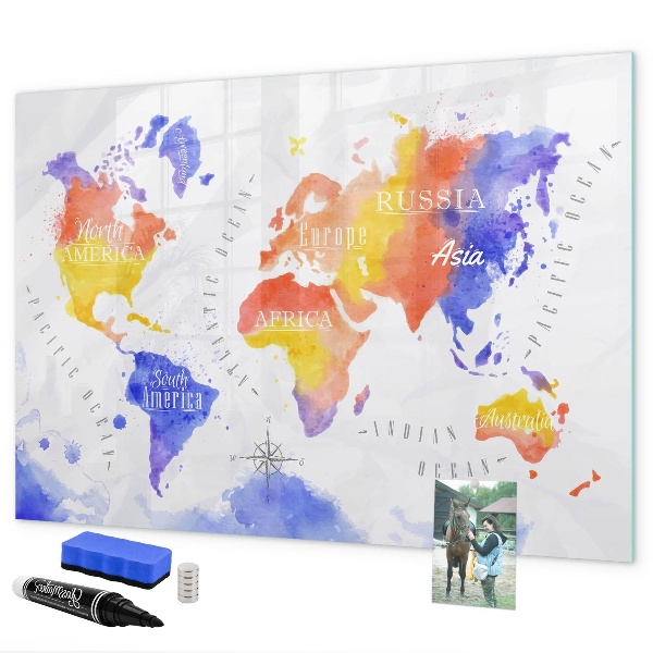 Pizarra magnética de pared con rotulador Mapa del mundo colorido con fotos