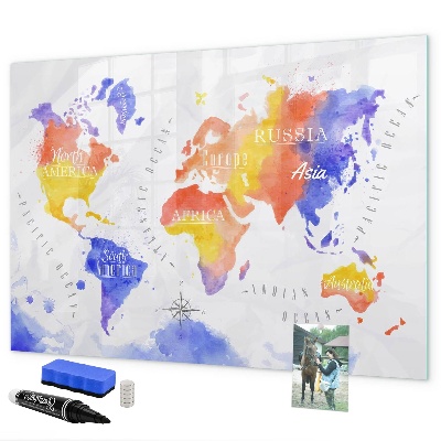 Pizarra magnética de pared con rotulador Mapa del mundo colorido con fotos