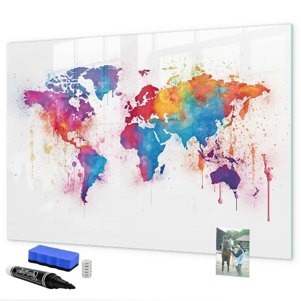 Pizarra magnética de pared con rotulador Mapa del mundo colorido con fotos