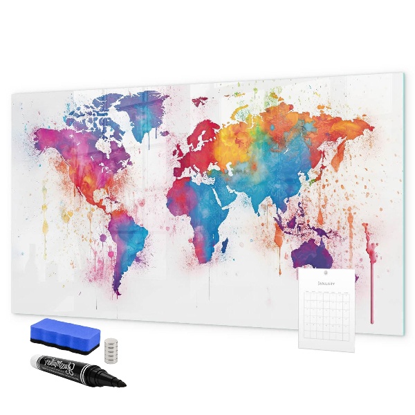 Pizarra magnética de pared con rotulador Mapa del mundo colorido con fotos
