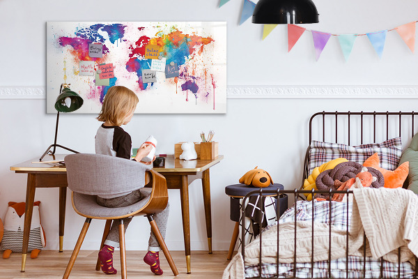 Pizarra magnética de pared con rotulador Mapa del mundo colorido con fotos