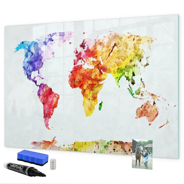 Pizarra magnética de pared con rotulador Mapa del mundo colorido con fotos