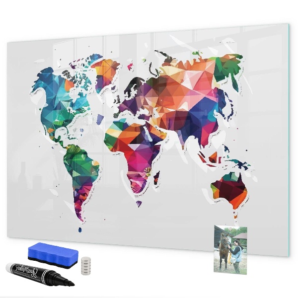 Pizarra borrable de cristal con imanes Mapa del mundo colorido con fotos