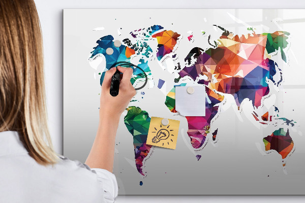 Pizarra borrable de cristal con imanes Mapa del mundo colorido con fotos