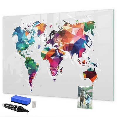 Pizarra borrable de cristal con imanes Mapa del mundo colorido con fotos