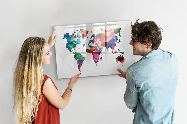 Pizarra borrable de cristal con imanes Mapa del mundo colorido con fotos