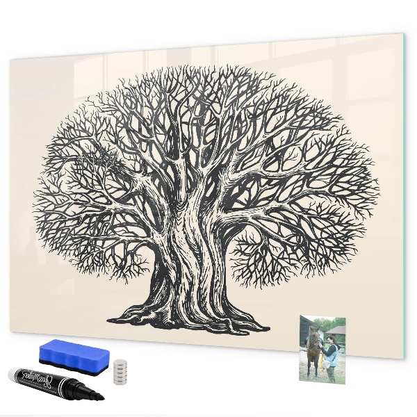 Pizarra borrable de cristal con imanes Un árbol de los recuerdos con un espacio para fotos.