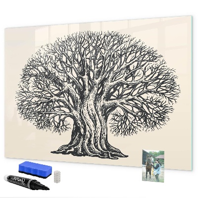 Pizarra borrable de cristal con imanes Un árbol de los recuerdos con un espacio para fotos.