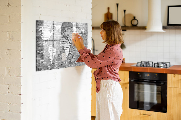 Pizarra borrable de cristal con imanes Mapa del mundo con ubicaciones de fotos