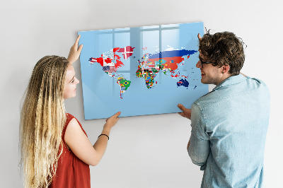 Pizarra borrable de cristal con imanes Un mapa del mundo con lugares y recuerdos.