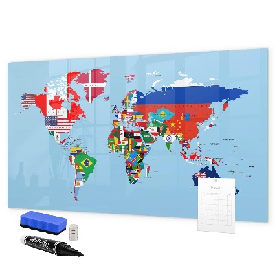 Pizarra borrable de cristal con imanes Un mapa del mundo con lugares y recuerdos.