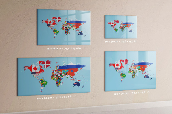 Pizarra borrable de cristal con imanes Un mapa del mundo con lugares y recuerdos.