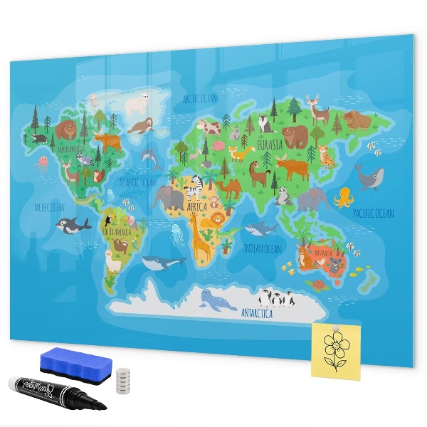 Pizarra borrable de cristal con imanes Mapa del mundo colorido con imanes