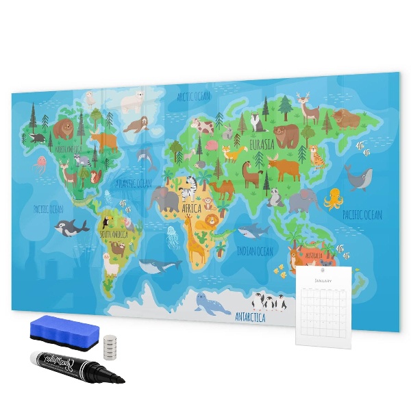 Pizarra borrable de cristal con imanes Mapa del mundo colorido con imanes