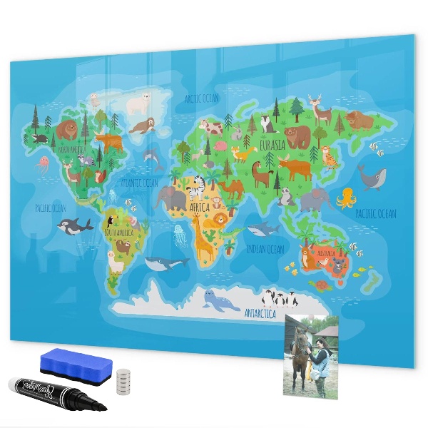 Pizarra borrable de cristal con imanes Mapa del mundo colorido con imanes