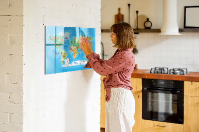 Pizarra borrable de cristal con imanes Mapa del mundo colorido con imanes