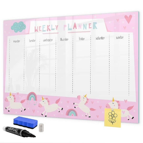 Pizarra magnética de pared con rotulador Planificador semanal de unicornios