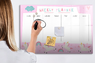 Pizarra magnética de pared con rotulador Planificador semanal de unicornios