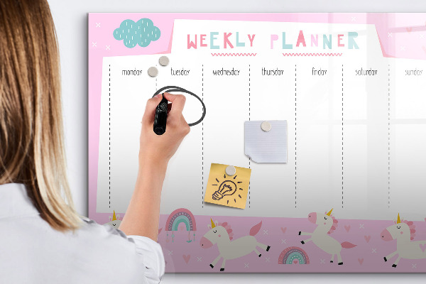 Pizarra magnética de pared con rotulador Planificador semanal de unicornios
