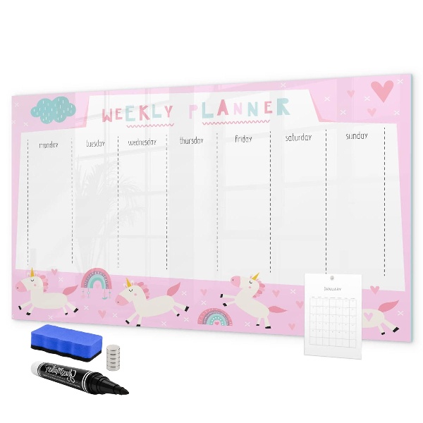 Pizarra magnética de pared con rotulador Planificador semanal de unicornios