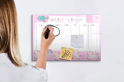 Pizarra magnética de pared con rotulador Planificador semanal de unicornios
