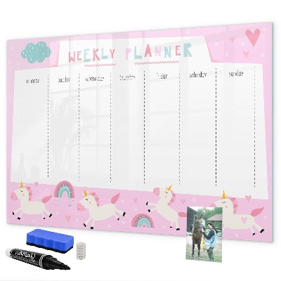 Pizarra magnética de pared con rotulador Planificador semanal de unicornios