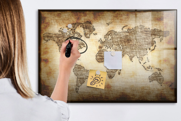 Pizarra magnética de pared con rotulador Mapa del mundo con ubicaciones de fotos
