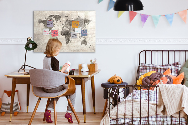 Pizarra magnética de pared con rotulador Mapa del mundo con ubicaciones de fotos