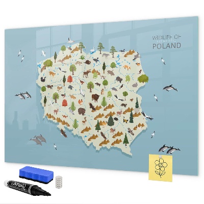 Pizarra borrable de cristal con imanes Mapa natural de Polonia con lugares para tomar fotos.