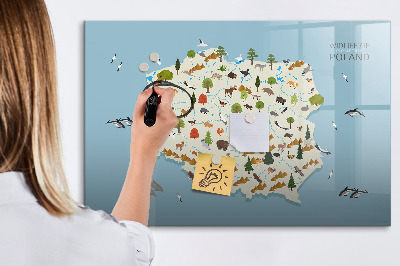 Pizarra borrable de cristal con imanes Mapa natural de Polonia con lugares para tomar fotos.