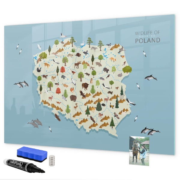 Pizarra borrable de cristal con imanes Mapa natural de Polonia con lugares para tomar fotos.