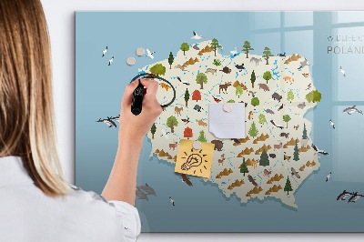 Pizarra borrable de cristal con imanes Mapa natural de Polonia con lugares para tomar fotos.