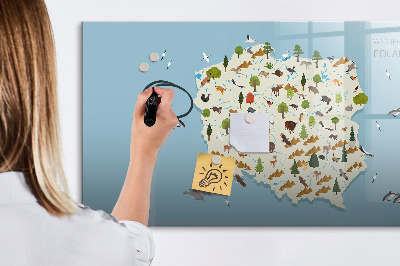 Pizarra borrable de cristal con imanes Mapa natural de Polonia con lugares para tomar fotos.