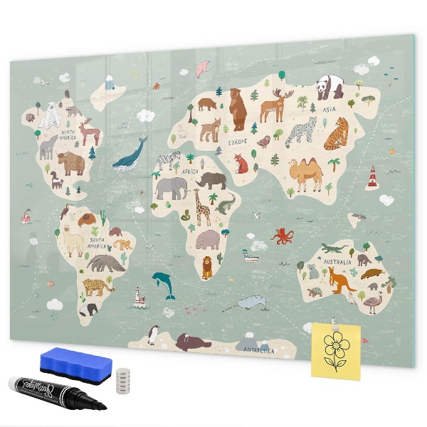 Pizarra borrable de cristal con imanes Mapa del mundo con ilustraciones de animales