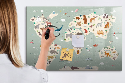Pizarra borrable de cristal con imanes Mapa del mundo con ilustraciones de animales
