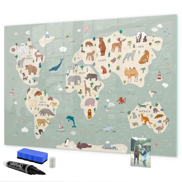 Pizarra borrable de cristal con imanes Mapa del mundo con ilustraciones de animales