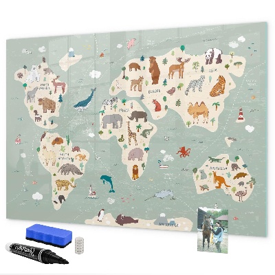 Pizarra borrable de cristal con imanes Mapa del mundo con ilustraciones de animales
