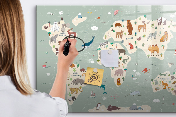 Pizarra borrable de cristal con imanes Mapa del mundo con ilustraciones de animales