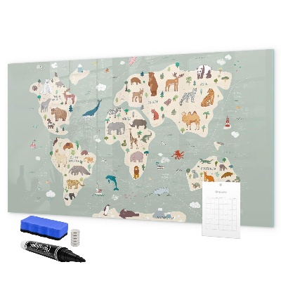 Pizarra borrable de cristal con imanes Mapa del mundo con ilustraciones de animales