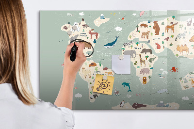 Pizarra borrable de cristal con imanes Mapa del mundo con ilustraciones de animales