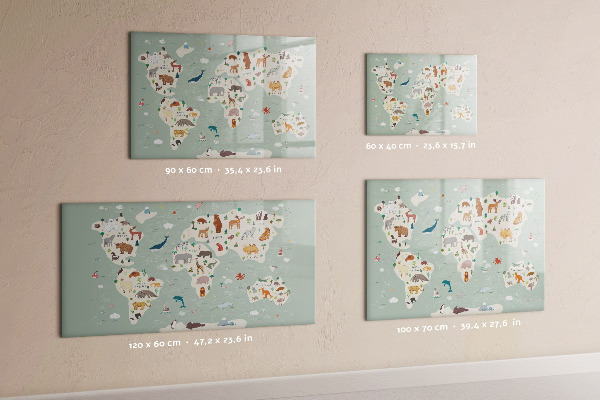 Pizarra borrable de cristal con imanes Mapa del mundo con ilustraciones de animales