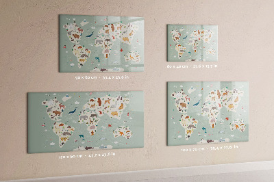 Pizarra borrable de cristal con imanes Mapa del mundo con ilustraciones de animales