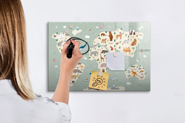 Pizarra borrable de cristal con imanes Mapa del mundo con ilustraciones de animales