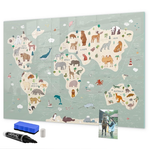 Pizarra borrable de cristal con imanes Mapa del mundo con ilustraciones de animales