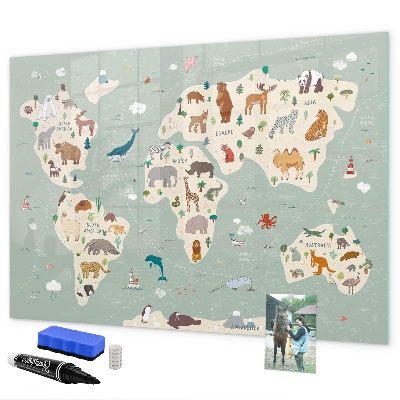 Pizarra borrable de cristal con imanes Mapa del mundo con ilustraciones de animales