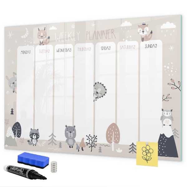 Pizarra magnética de pared con rotulador Agenda semanal con animales adorables